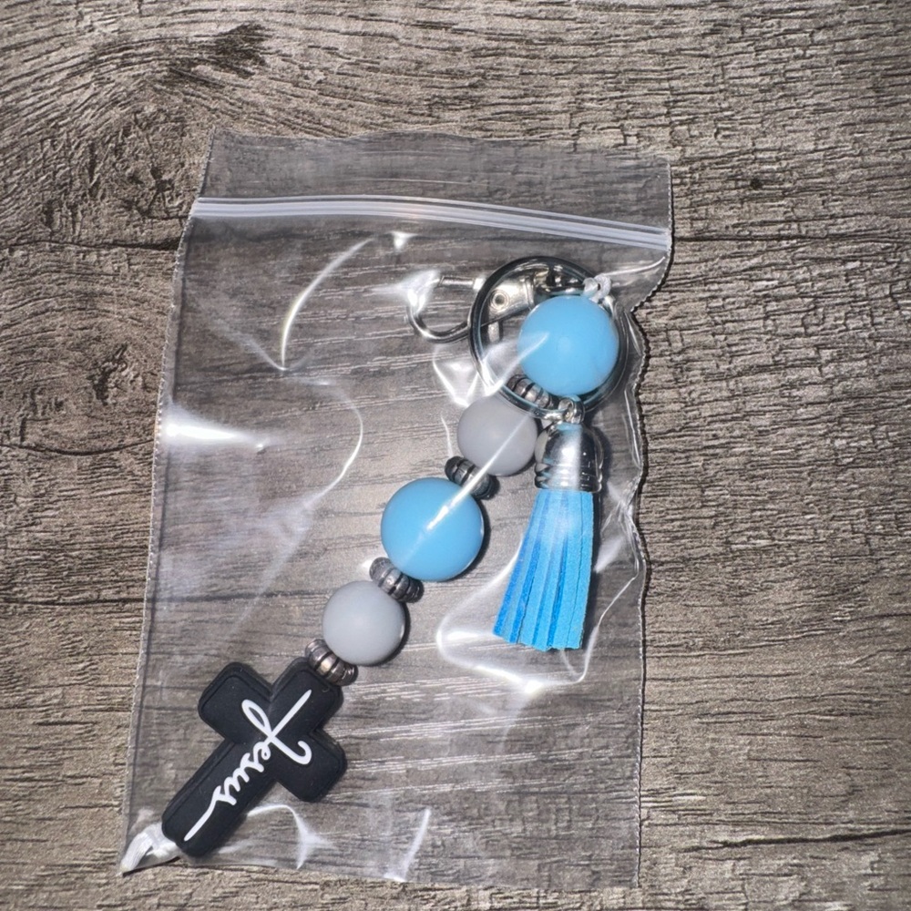Blue and Gray Beaded Keychain with Tassel